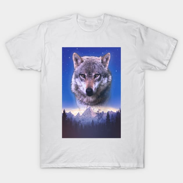 Cosmic Wolf Space Mountain Dog Wilderness Glowing Retro Vintage 80's Vibe T-Shirt by blueversion